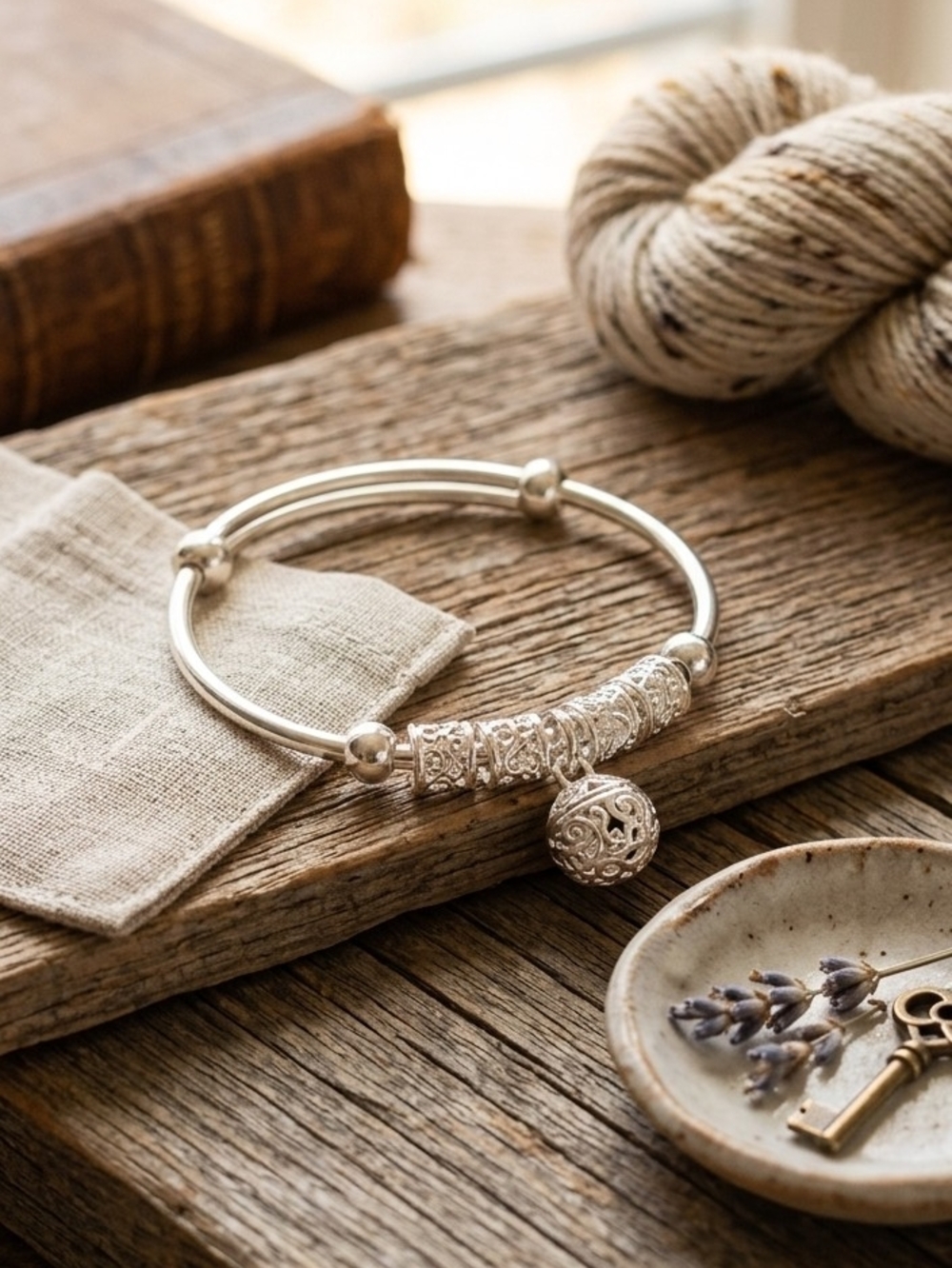 Silver Filigree Charm Bangle Bracelet - Women Jewelry